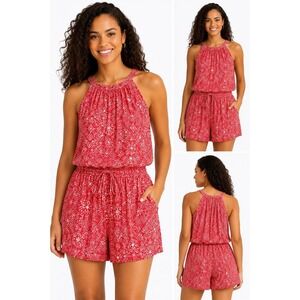 GAP NWT Pink Print Halter Romper Medium Drawstring Waist Pockets Summer Vacation